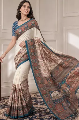 Off white women madhubani print dola silk saree with unstitched blouse piece
