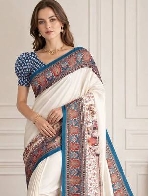 Off white women madhubani print dola silk saree with unstitched blouse piece 5