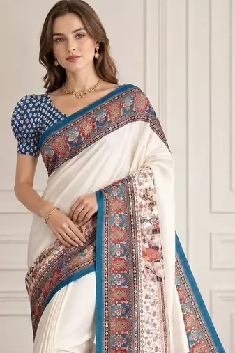 Off white women madhubani print dola silk saree with unstitched blouse piece