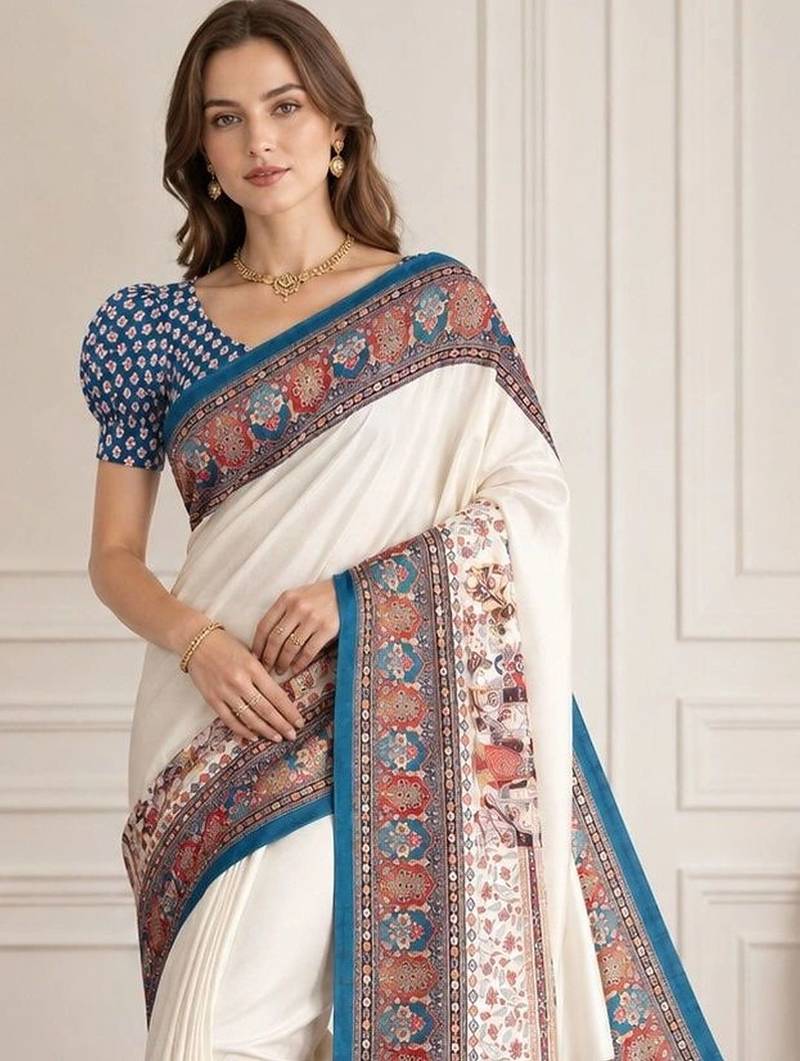 Off white women madhubani print dola silk saree with unstitched blouse piece