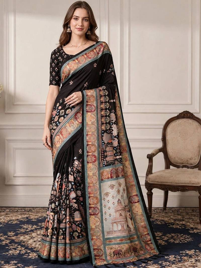 Black women ethnic motifs silk blend designer saree