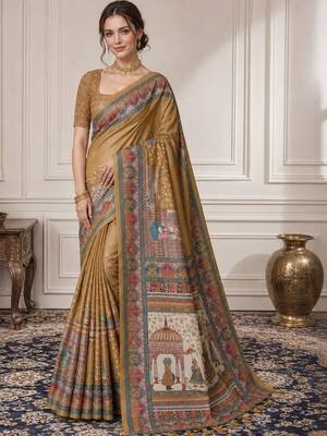 Gold ethnic motifs silk blend designer saree 1