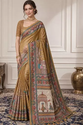 Gold ethnic motifs silk blend designer saree