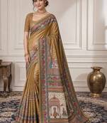 Gold ethnic motifs silk blend designer saree