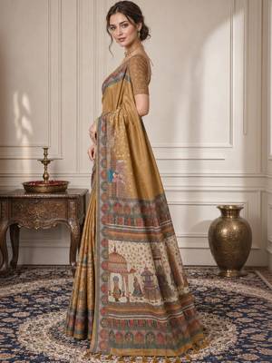 Gold ethnic motifs silk blend designer saree 2