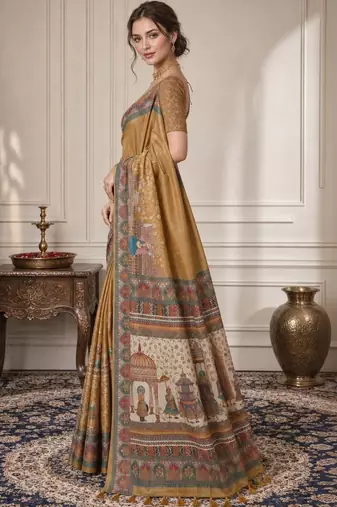 Gold ethnic motifs silk blend designer saree