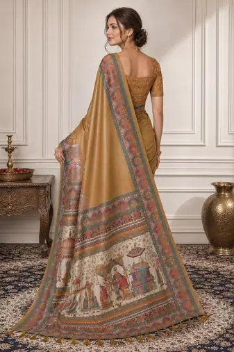Gold ethnic motifs silk blend designer saree