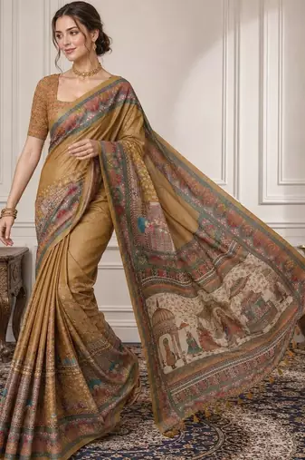 Gold ethnic motifs silk blend designer saree