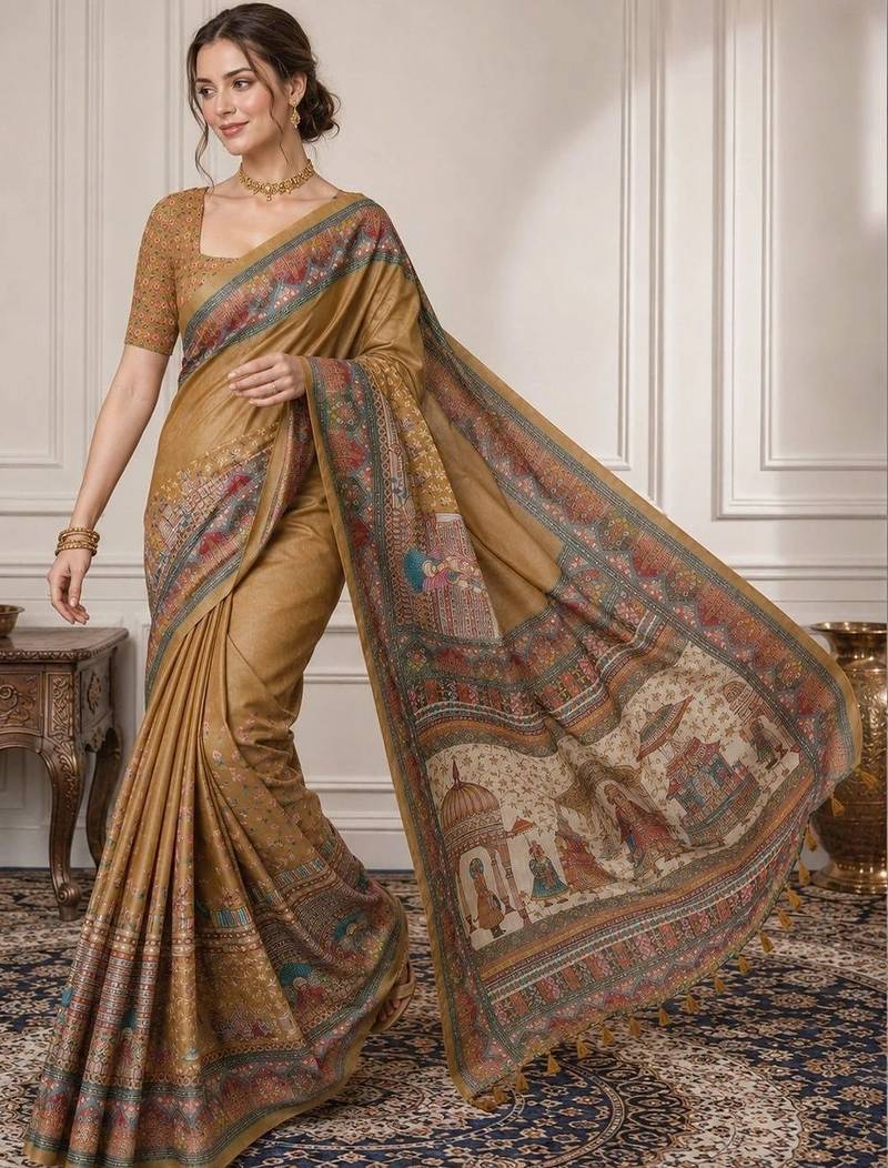 Gold ethnic motifs silk blend designer saree