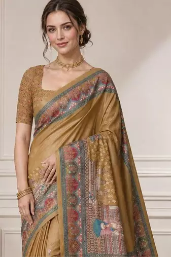 Gold ethnic motifs silk blend designer saree