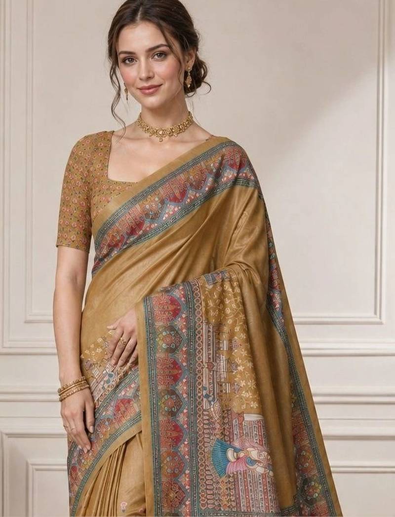 Gold ethnic motifs silk blend designer saree