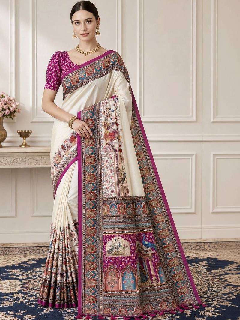 Off white paisley silk blend designer saree