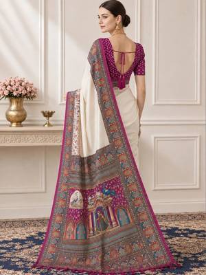 Off white paisley silk blend designer saree 3