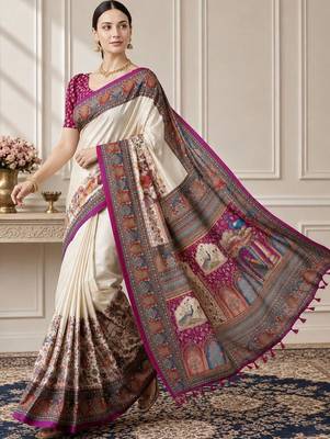 Off white paisley silk blend designer saree 4
