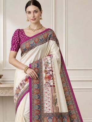 Off white paisley silk blend designer saree 5