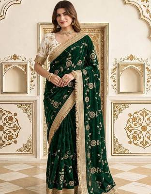 Green floral embroidered satin saree 1