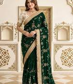 Green floral embroidered satin saree