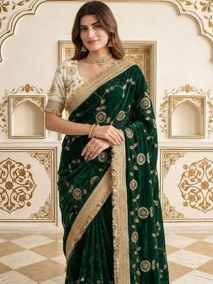 Green floral embroidered satin saree 2