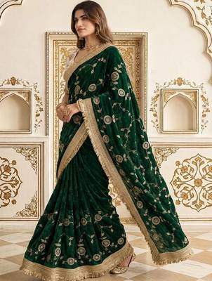 Green floral embroidered satin saree 3
