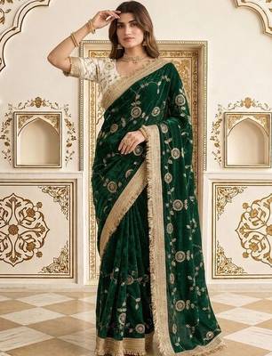 Green floral embroidered satin saree 4
