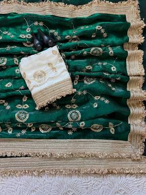 Green floral embroidered satin saree 5