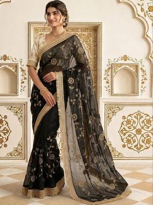 Black embellished embroidered satin saree 1