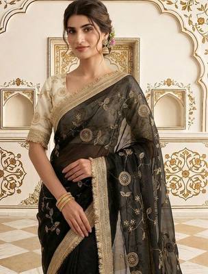 Black embellished embroidered satin saree 2