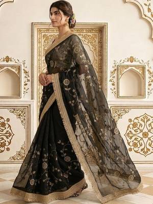 Black embellished embroidered satin saree 3
