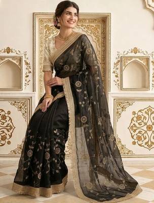 Black embellished embroidered satin saree 4