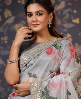 Grey floral printed saree 1