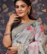 Grey floral printed saree