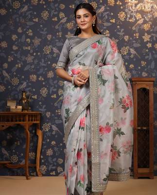 Grey floral printed saree 2