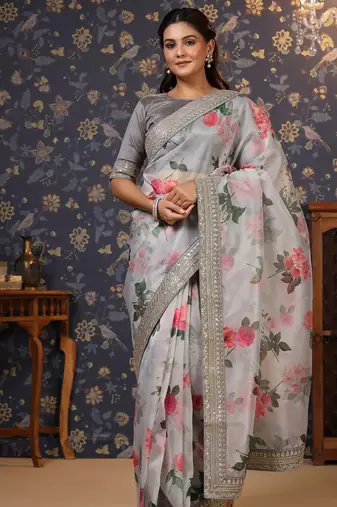 Grey floral printed saree
