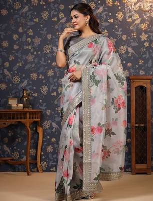 Grey floral printed saree 3