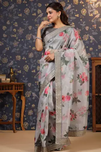Grey floral printed saree
