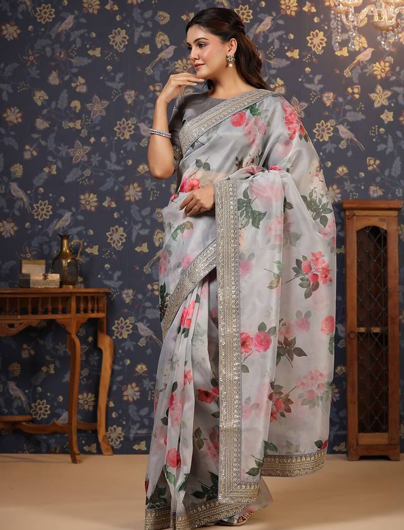 Grey floral printed saree