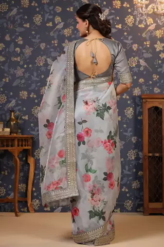 Grey floral printed saree