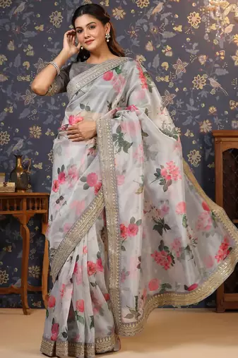 Grey floral printed saree