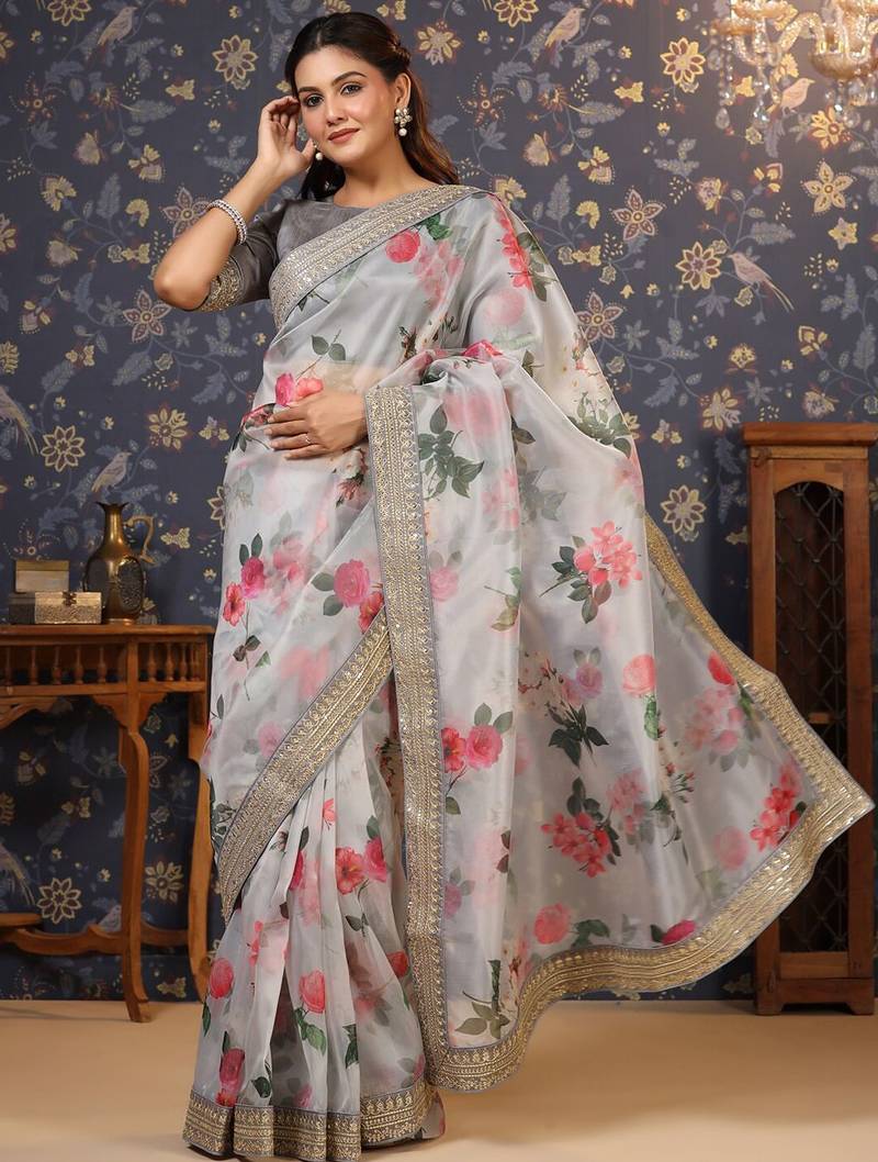 Grey floral printed saree