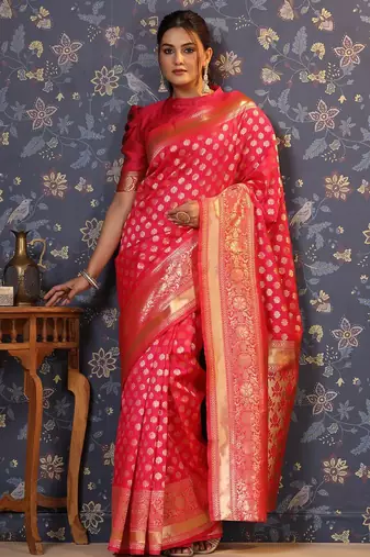 Pink ethnic motif woven design  saree