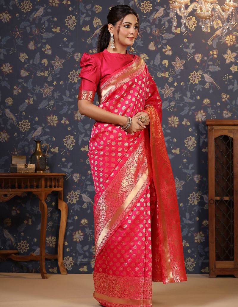 Pink ethnic motif woven design  saree