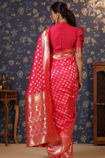 Pink ethnic motif woven design  saree