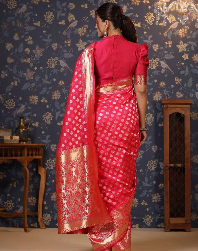 Pink ethnic motif woven design  saree