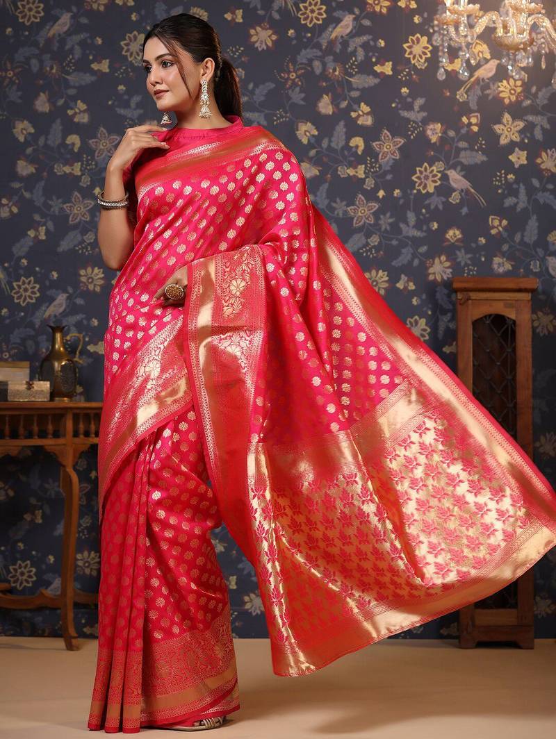 Pink ethnic motif woven design  saree