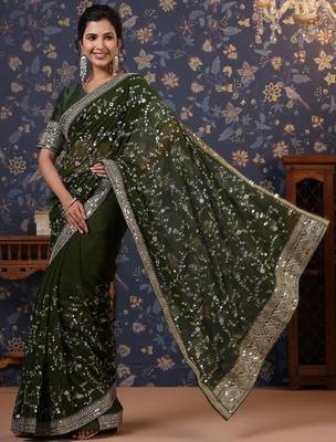 Green sequinned embellished saree with blouse piece 1