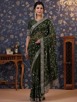 Green sequinned embellished saree with blouse piece 2