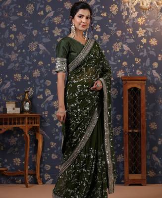 Green sequinned embellished saree with blouse piece 3