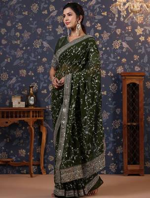 Green sequinned embellished saree with blouse piece 4