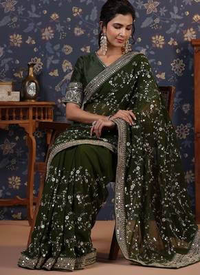 Green sequinned embellished saree with blouse piece 5