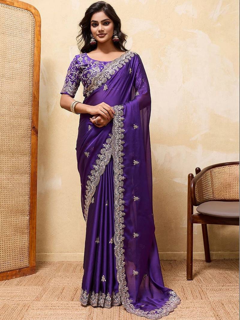 Purple embroidered saree